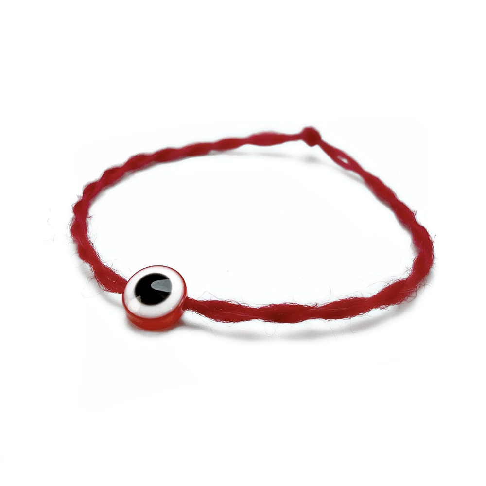 Красная нить Турецкий глаз - 100% шерсть, бусина акрил, 8 мм, плоский, цвет красный - от сглаза - браслет, #1