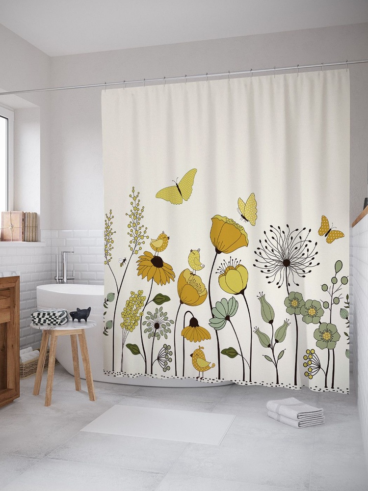 Штора для ванной, занавеска в ванную комнату тканевая "Бабочки над полевыми цветами" JoyArty  #1