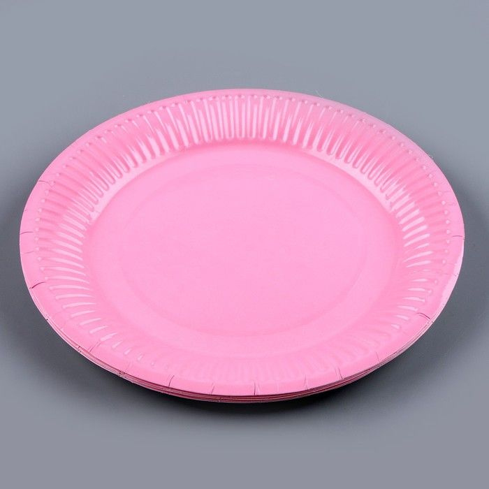 Набор бумажной посуды, 6 тарелок, 6 стаканов, цвет розовый  #1