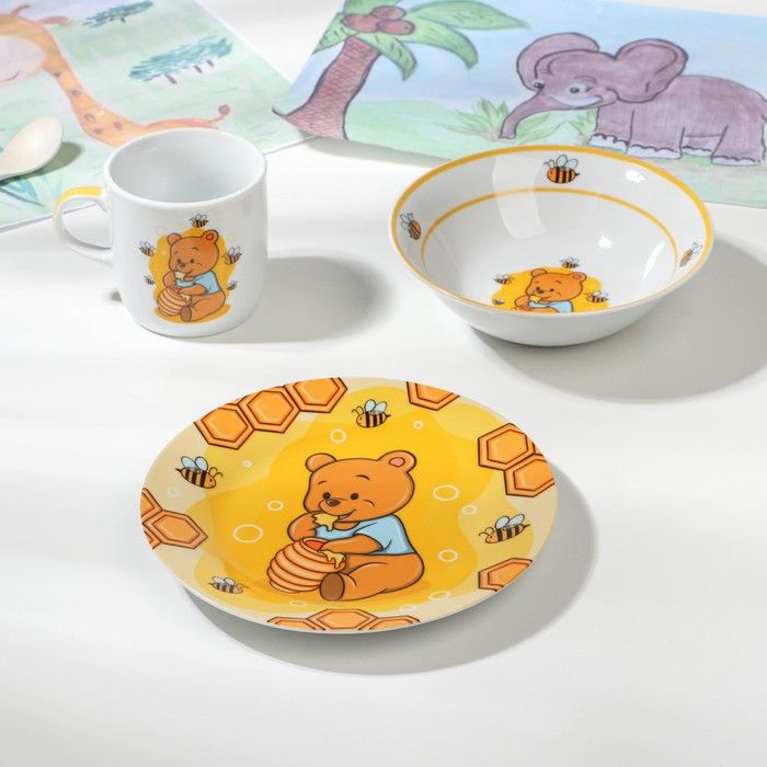 Набор детской посуды из керамики Доляна "Медвежонок и мёд", 3 предмета: кружка 230 мл, миска 400 мл, #1