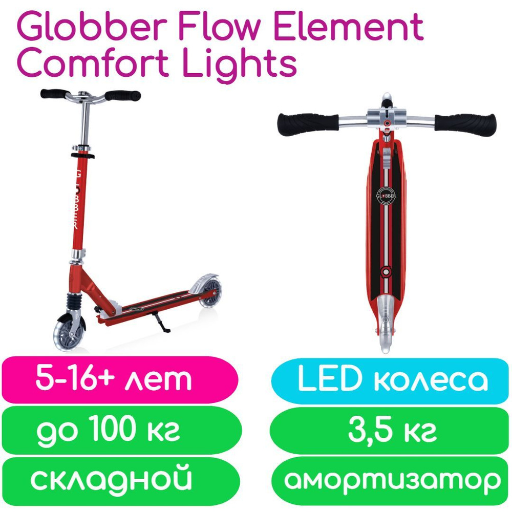 Cамокат Globber Flow Element Comfort Lights красный (727-102) с LED колесами и амортизатором  #1