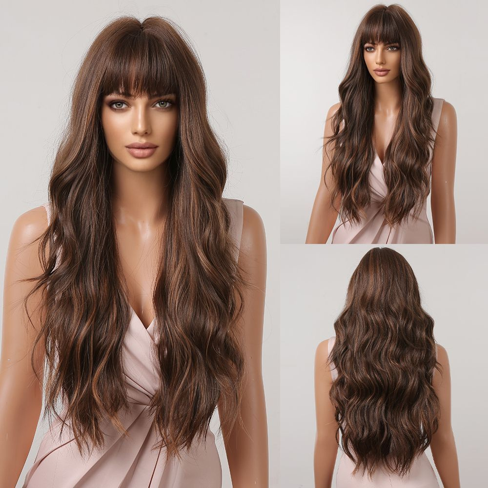 Парик женский длинный с челкой коричневый, имитация натуральных волос  #1