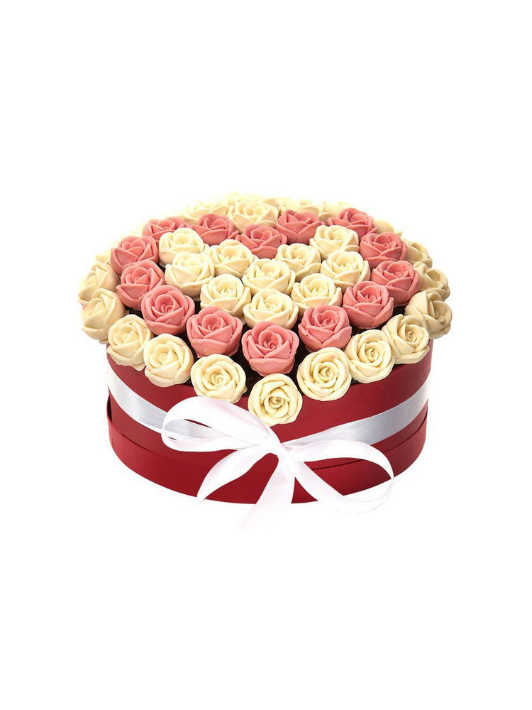 Розы из шоколада 101 шт. CHOCO STORY в Красной Шляпной коробке: Белый и Розовый Бельгийский шоколад, #1