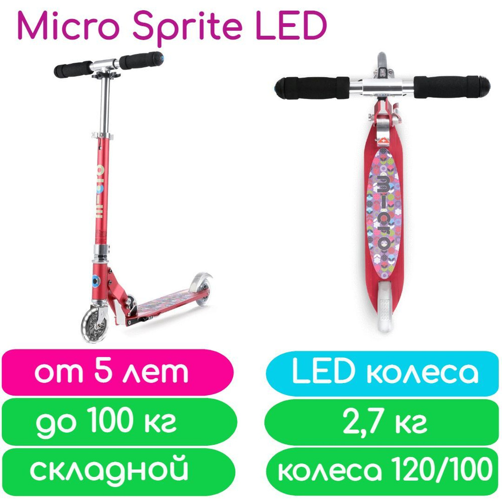 Самокат Micro Sprite LED со светящимися колесами Малиновый цветок SA013L  #1