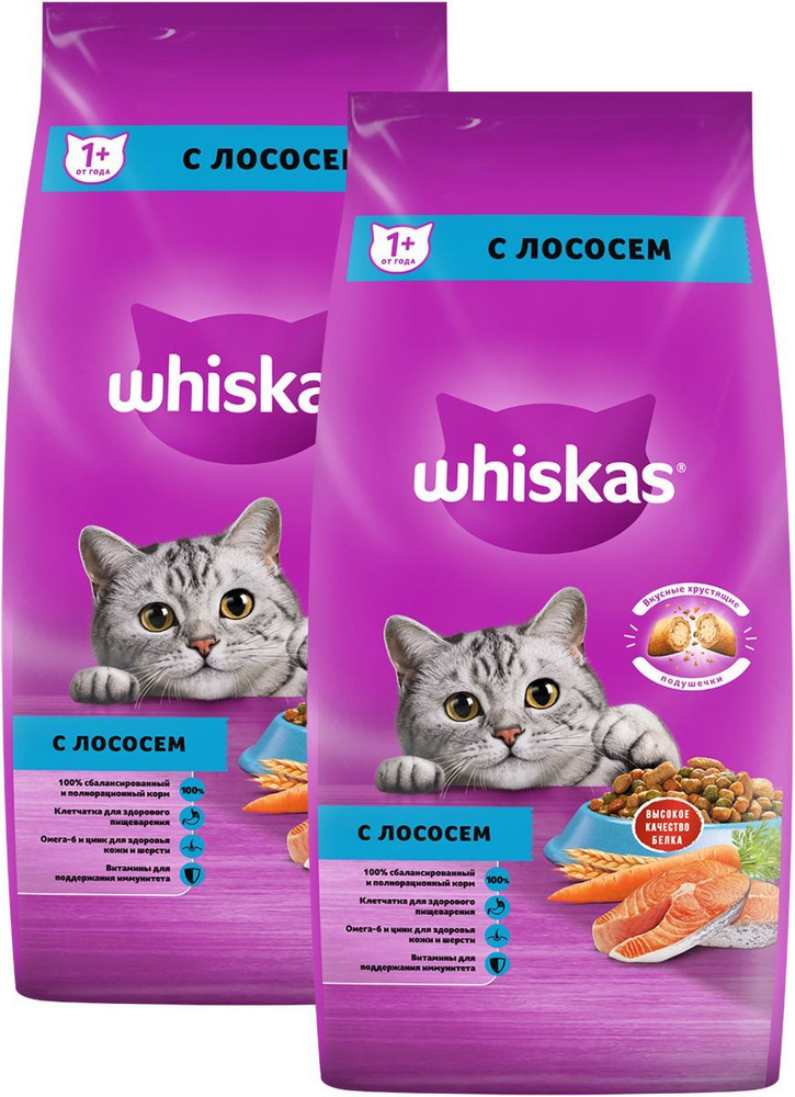 Сухой корм WHISKAS АППЕТИТНЫЙ ОБЕД для взрослых кошек c лососем с нежным паштетом (5 + 5 кг)  #1