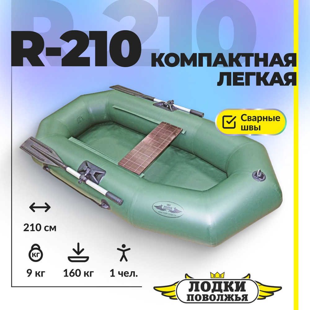Лодка надувная для рыбалки ПВХ Лодки Поволжья R-210 одноместная гребная, зеленая  #1
