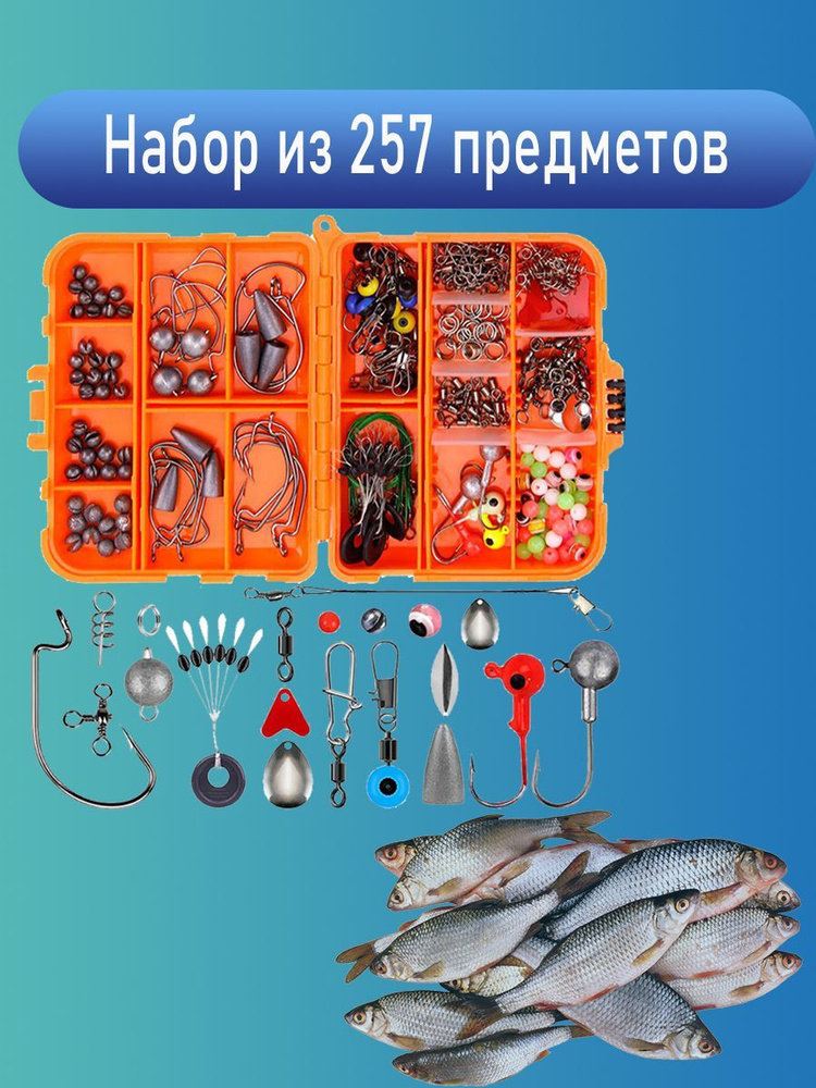 Набор для рыбалки, крючков и грузил, 257 предмета, рыболовные принадлежности и снасти  #1