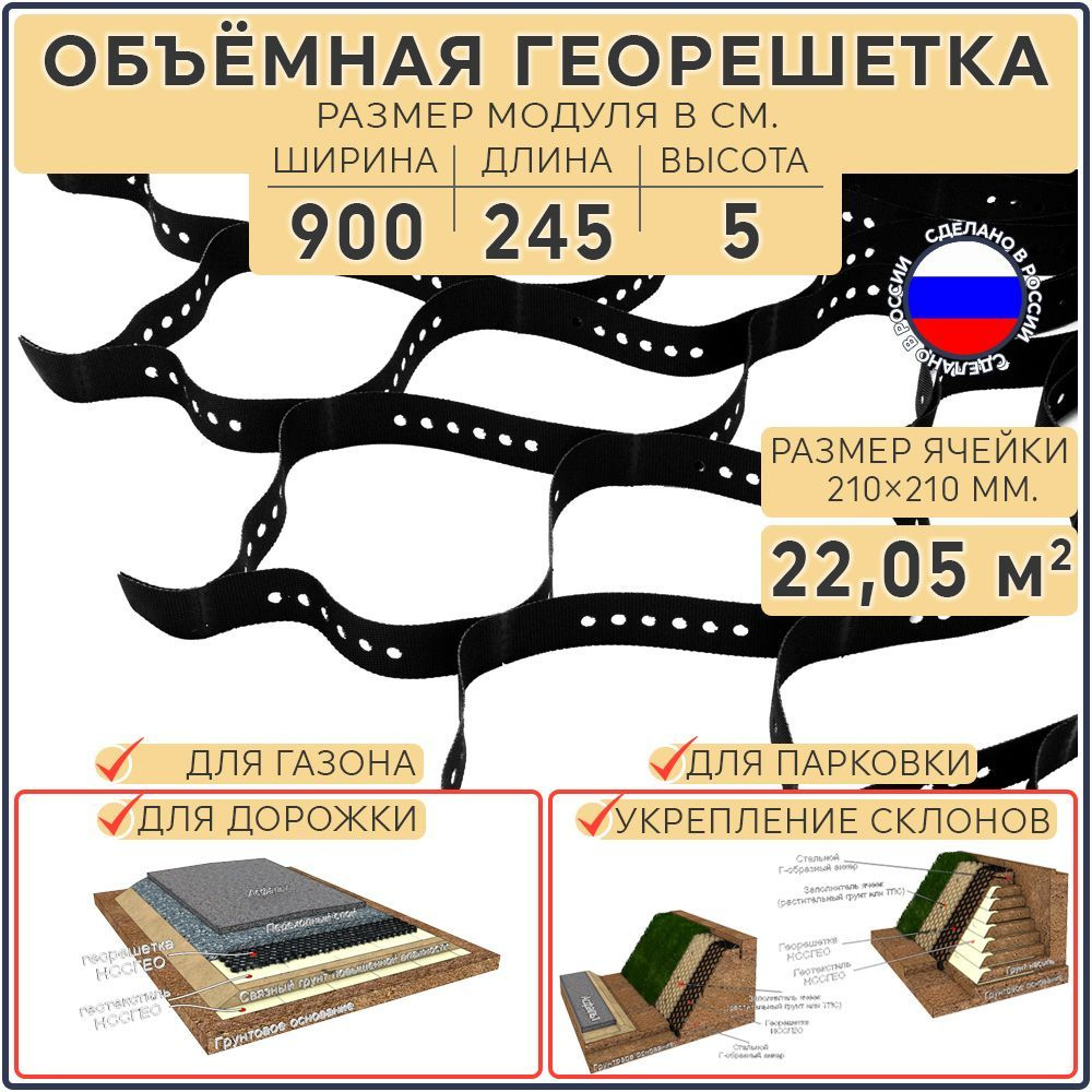 Георешетка объемная 22,05 м2 (высота 50 мм, длина 245 см, ширина 900 см, ячейка 210 мм) для укрепления #1