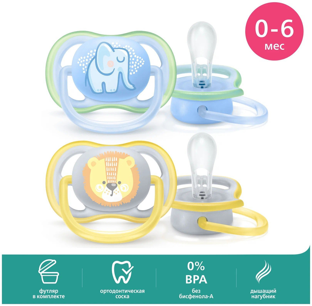 Пустышка Philips Avent ultra air с футляром, boy mix, 2шт 0-6месяцев SCF085/05  #1