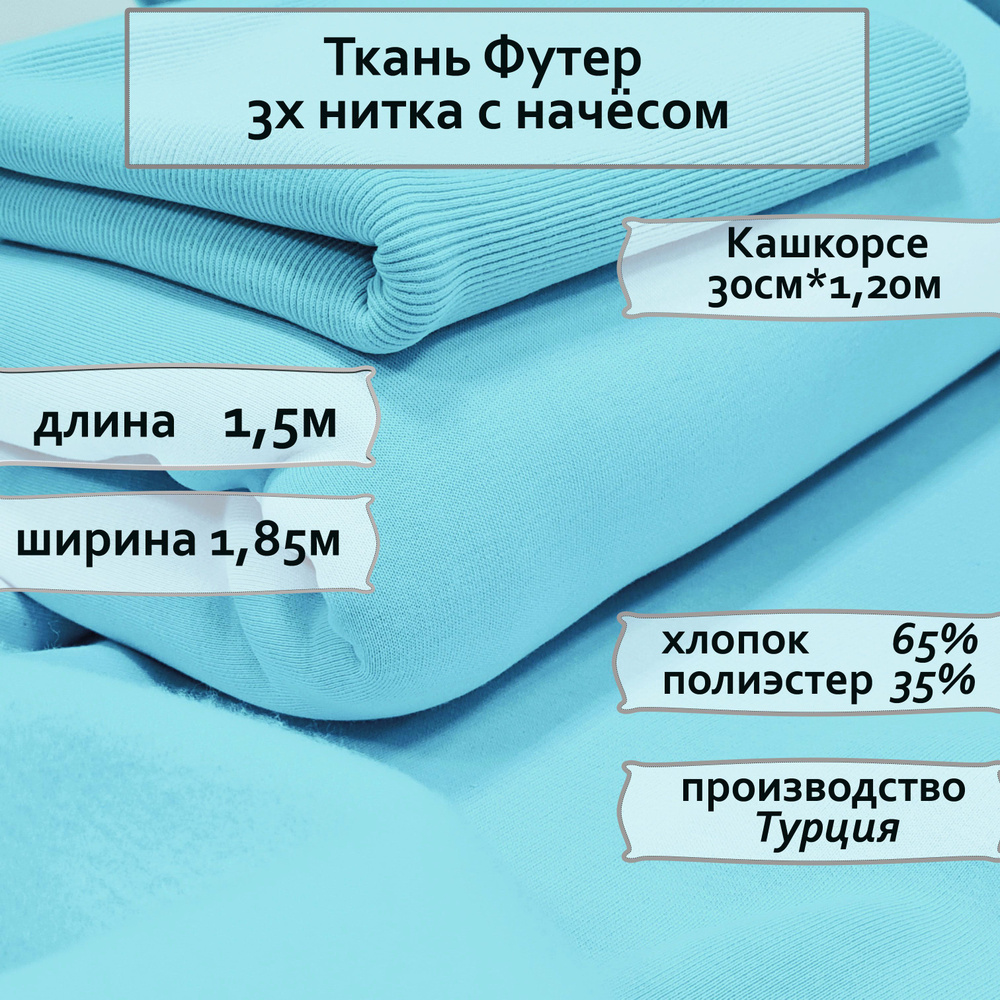 Футер с начесом 3х нитка (трехнитка) с Кашкорсе 30 см, ткань трикотаж цвет Тиффани отрез1,5м шириной #1