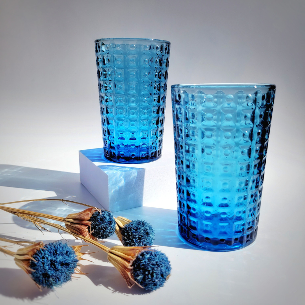 Набор цветных стаканов, синих высоких 2 шт., 350 мл. Упрочненное цветное стекло, для воды, сока, лимонада, #1