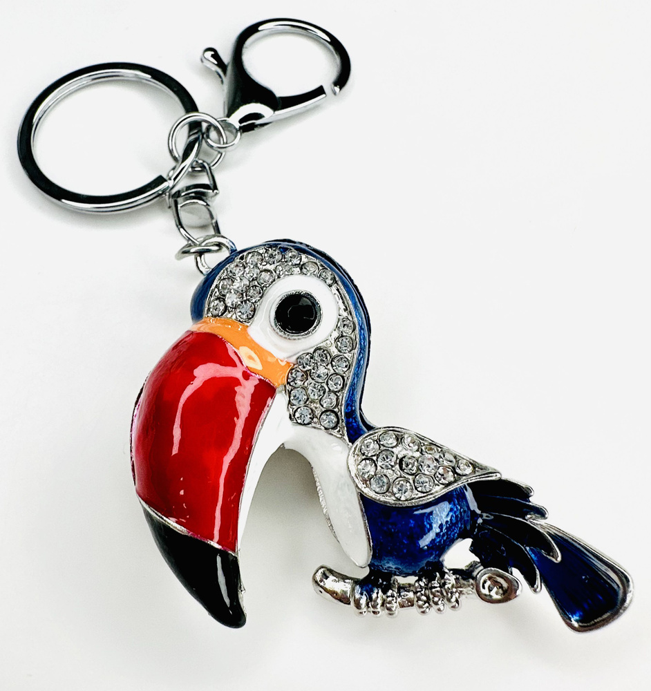 Брелок с карабином для ключей для сумки, большой серебристый брелок с крупными камнями, синяя птица тукан #1