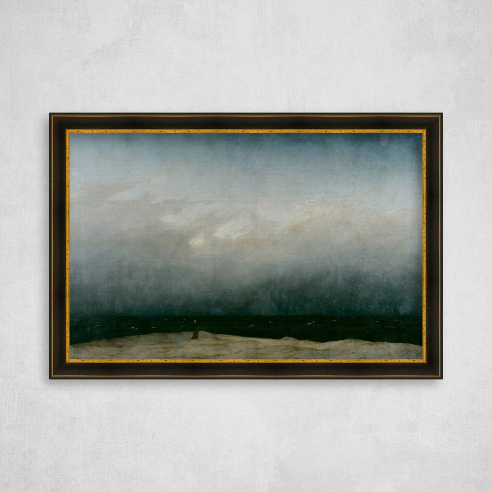 Картина на холсте в черно-золотой багетной раме, Каспар Давид Фридрих "Монах у моря", 78x50см / Галерейщикъ #1