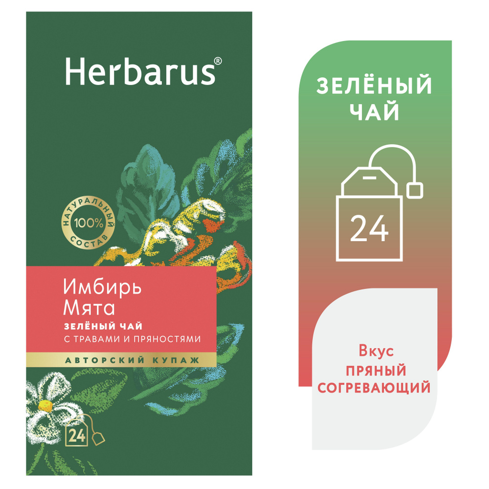 Чай зеленый с добавками в пакетиках Herbarus "Имбирь Мята", 24 шт.  #1