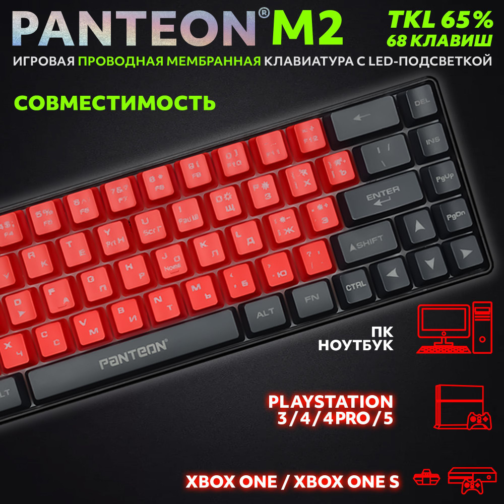 PANTEON M2 Red-Grey(10) Игровая мембранная TKL (65%) клавиатура для компьютера с LED-подсветкой MULTICOLOR #1