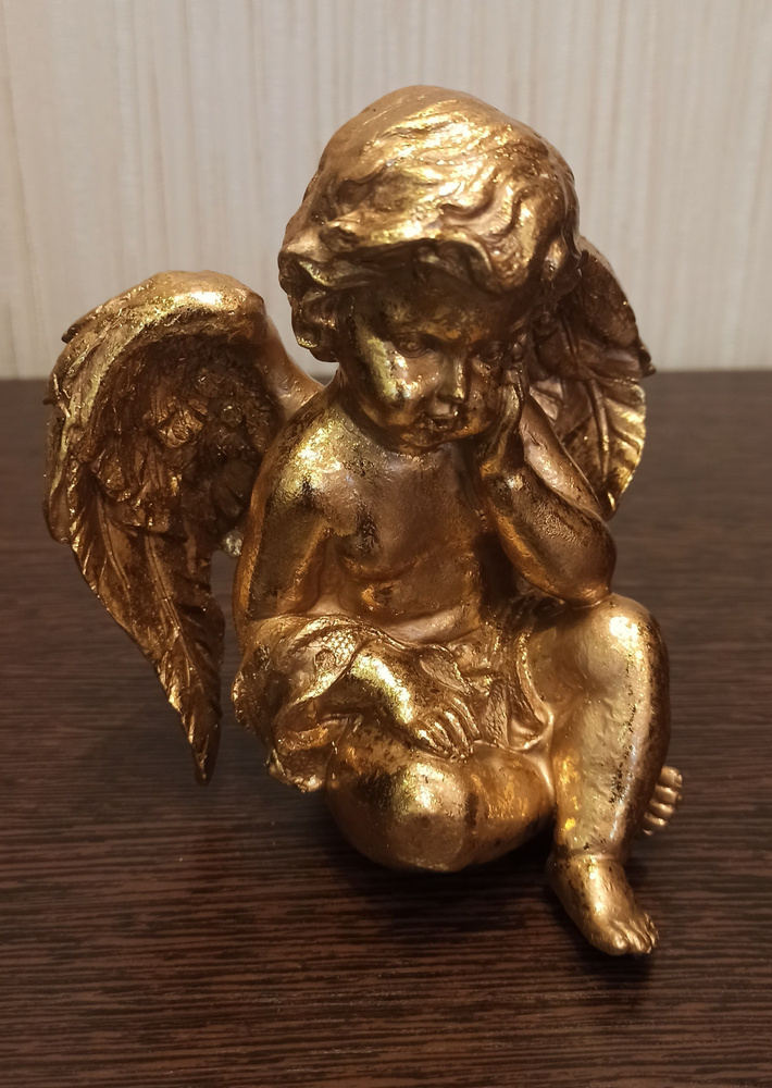 Статуэтка Золотой Ангелочек "Мечтатель" (A), старинное золото, высота 14см  #1