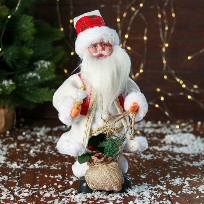 Дед Мороз "С мешком подарков и фонариком" двигается, с подсветкой, 31 см, красно-белый  #1