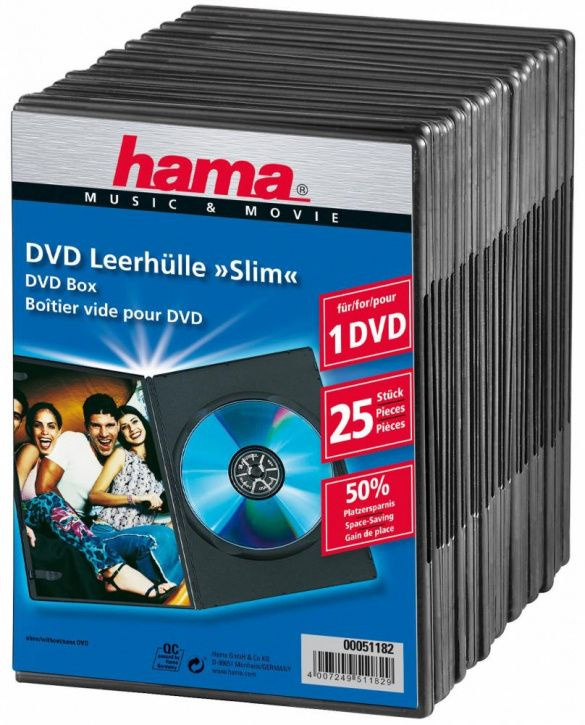 Коробка / Box на 1 CD/DVD Slim Box тонкая 25 штук Hama H-51182 черный, пластик, качество, Германия, упаковка #1