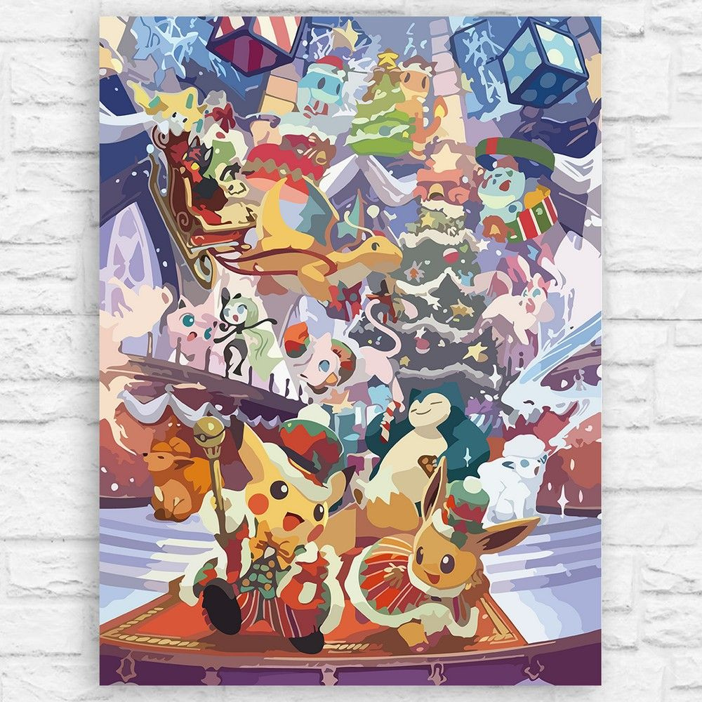 Картина по номерам на холсте новый год рождество (покемоны, аниме, пикачу, зима) - 13120 40х30  #1