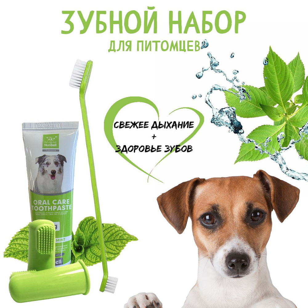 Набор для чистки зубов собак и кошек Top Pet Зеленый / Зубные щетки и паста  #1