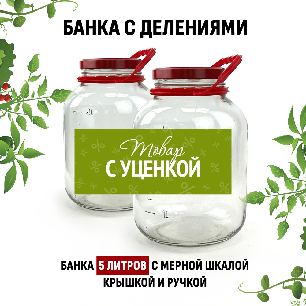 Дисконт! стеклянная банка с делениями ручкой и крышкой 5 литров 2 штуки.  #1