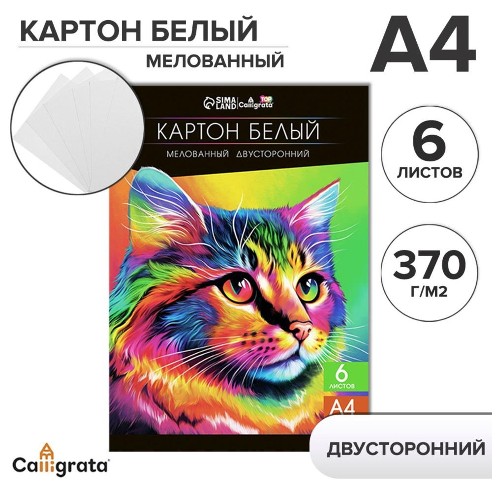 Картон белый А4, 6 листов Calligrata "Кот", мелованный, двусторонний 370г/м2  #1