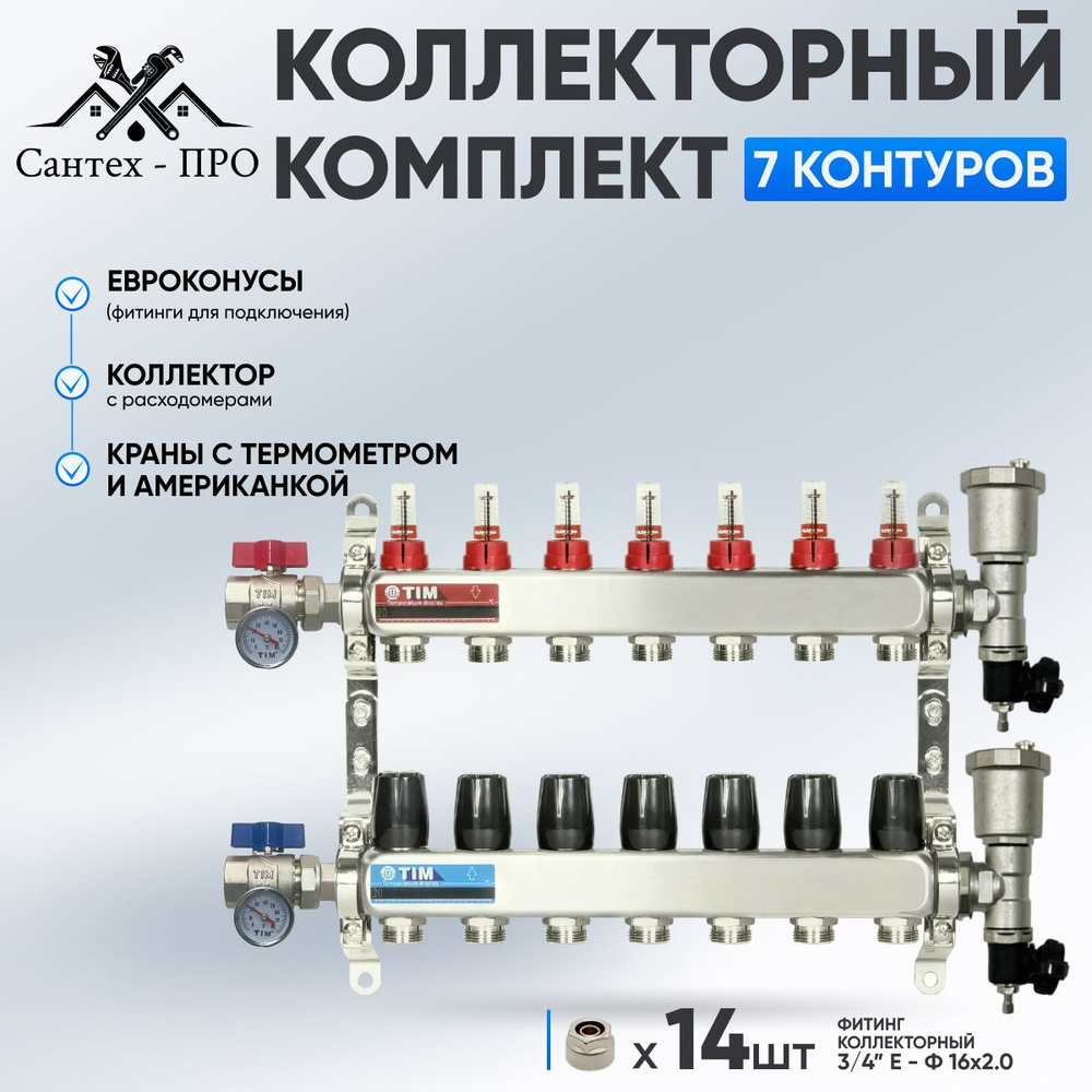 Коллектор для теплого пола на 7 контуров с расходомерами, кранами с термометрами и евроконусами до 90 #1