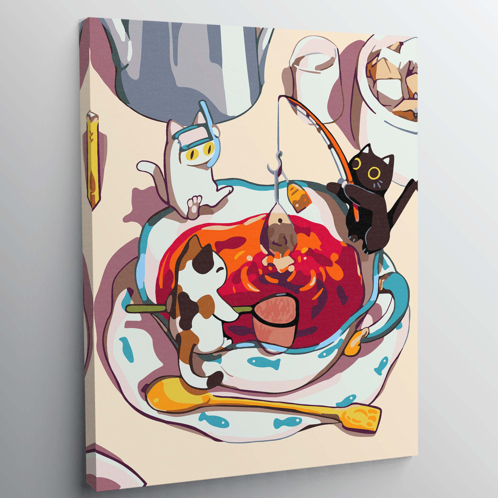 Картина по номерам, холст на подрамнике - Чайная рыбалка - Коты 30x40 см.  #1