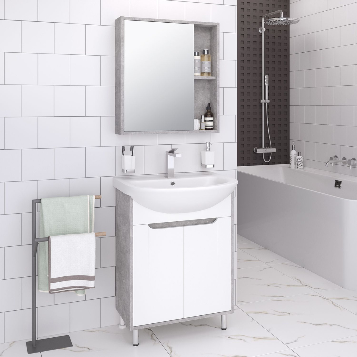 Мебель для ванной / Runo / Эко 60 / серый бетон / тумба с раковиной Уют 60 / шкаф для ванной / зеркало для ванной