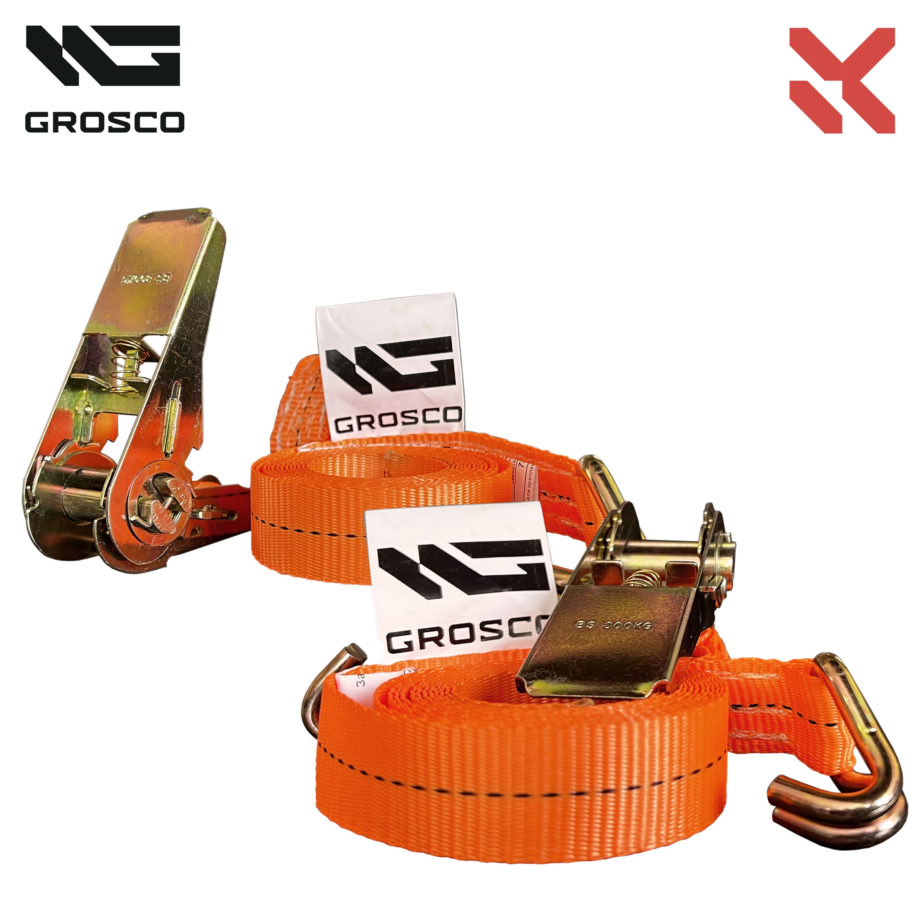 Комплектремней0.8т(1.6т)/5м/25мм(2шт)стяжныхскрюкамиGROSCOдлякреплениягрузасхраповыммеханизмом