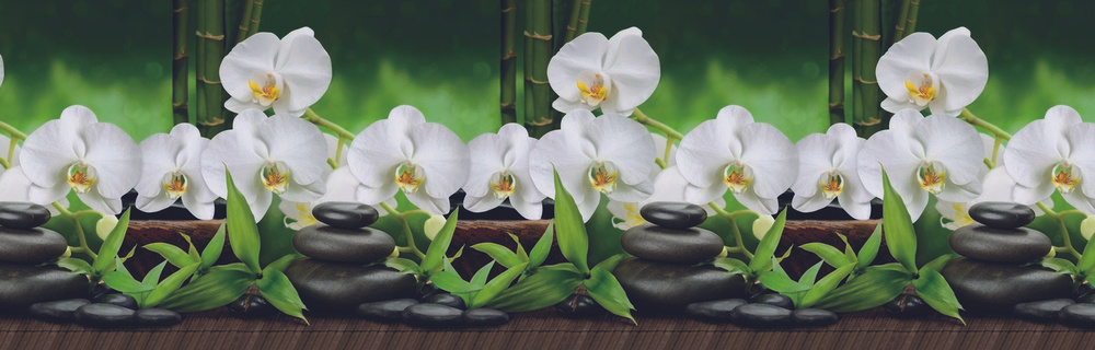 Кухонный фартук "Белая орхидея камни" 3000х600 мм, АБС пластик, термоперевод  #1