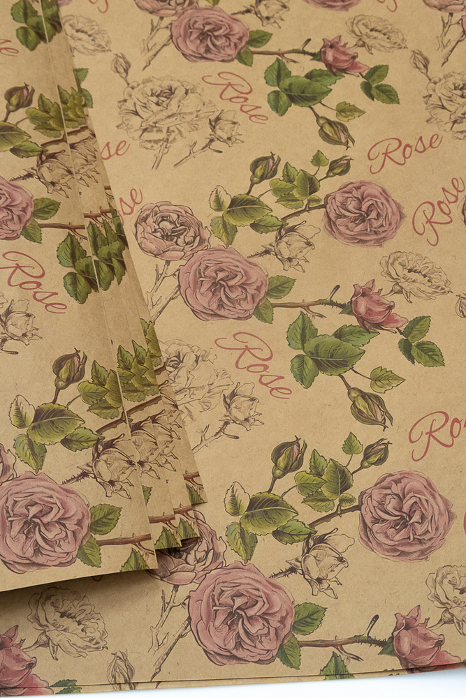 Бумага упаковочная подарочная крафт "rose", в наборе 4 листа 70х100см, Т-Пак  #1