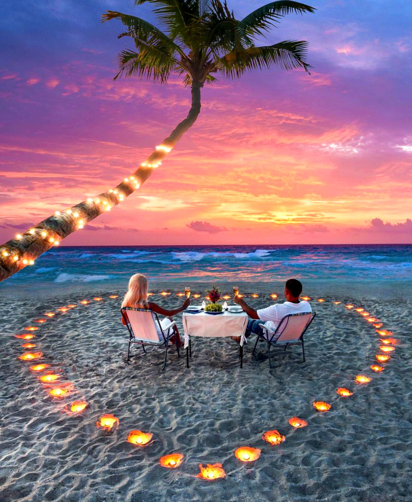 Картина по номерам на холсте 40х50 40 x 50 на подрамнике "Романтический ужин на пляже под пальмой" DVEKARTINKI #1