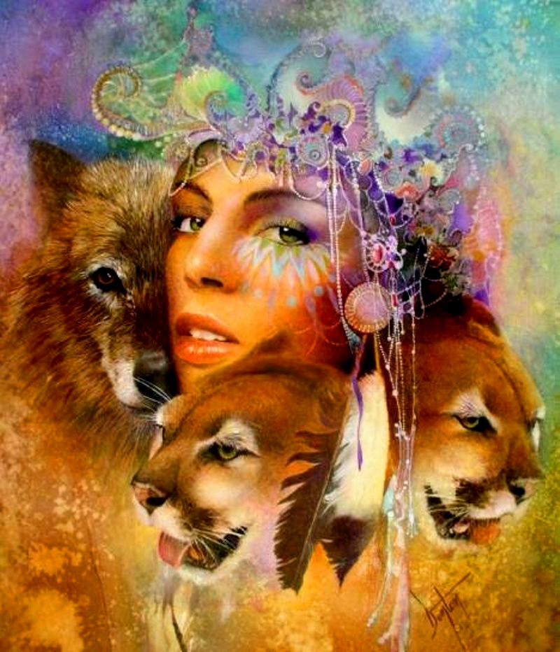 Картина по номерам на холсте 40x50 40 х 50 с подрамником DVEKARTINKI Девушка, волк и львицы  #1
