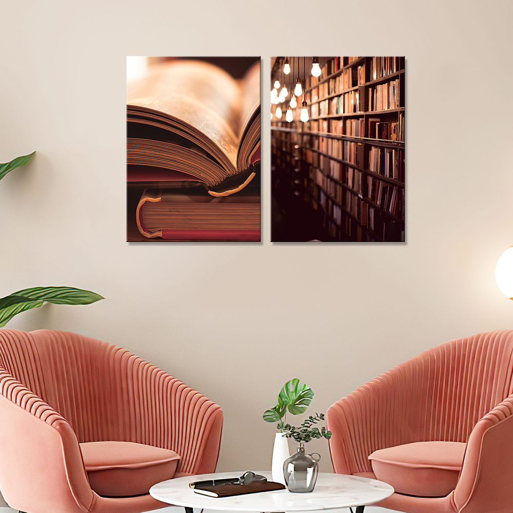 Модульная картина на холсте на стену/ Книги в библиотеке на полке (2 модуля-общий размер 30х40)  #1