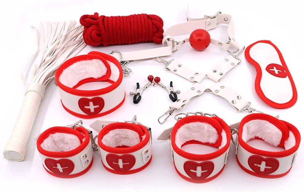 Набор наручники, оковы, маска, кляп, плеть,ошейник с поводком, верёвка, фиксатор и зажимы для сосков #1