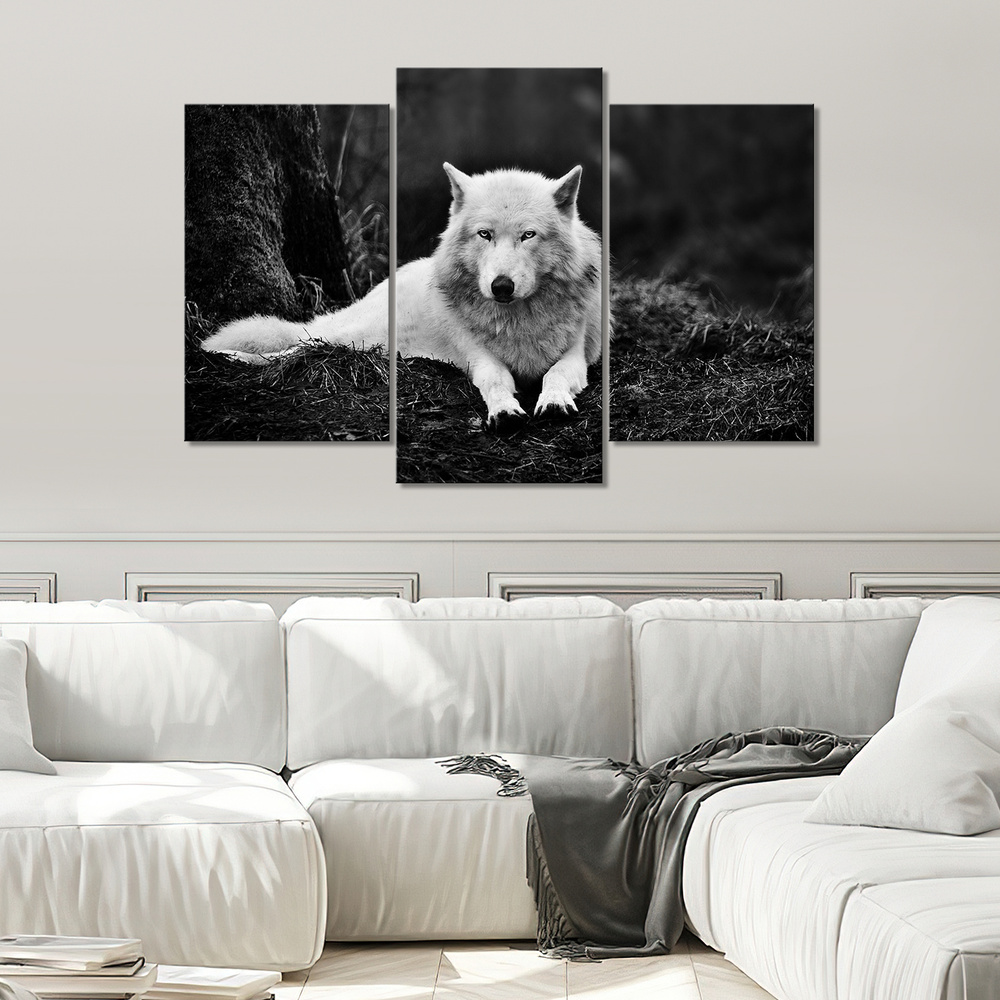 Модульная картина для интерьера на стену Белый волк чб 90х60  #1