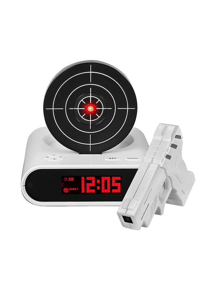 Часы будильник мишень с пистолетом / Часы-будильник электронные на батарейках или от USB, цвет белый #1
