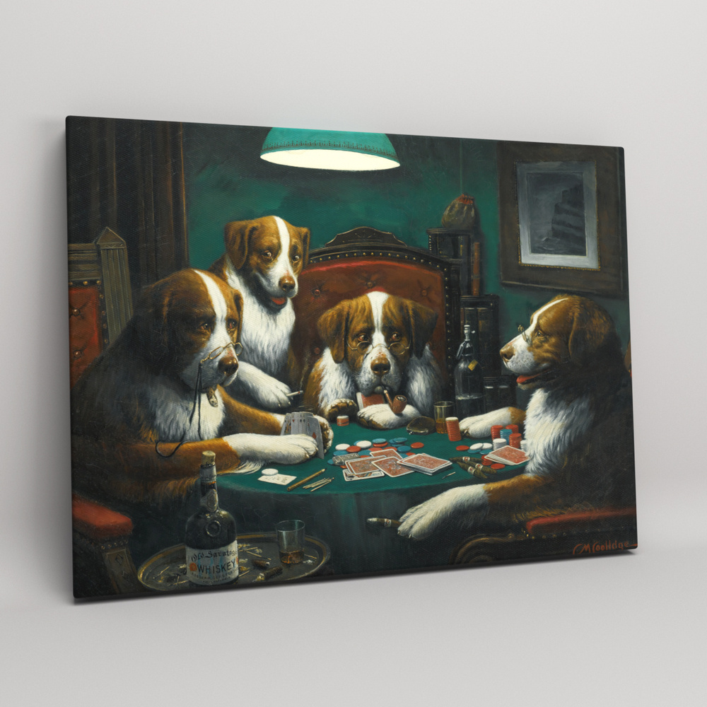 Картина на холсте, репродукция "Собаки играют в покер - Кассиус Кулидж", с деревянным подрамником, размер #1