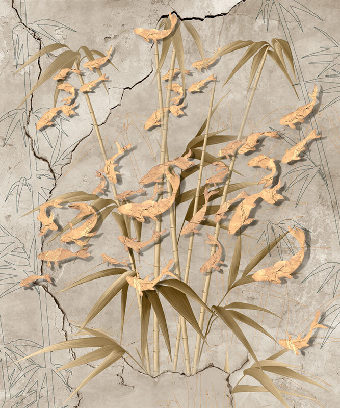 Фотообои флизелиновые на стену 3д GrandPik 17149 "Золотые рыбки в бамбуке", (ШхВ) 200х240 см  #1