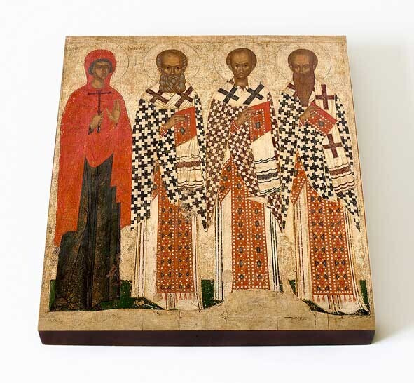 Три святителя и Параскева Пятница, икона на доске 14,5*16,5 см  #1