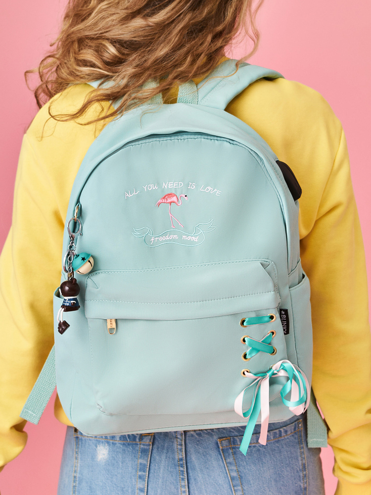Рюкзак женский школьный для девочки с брелком и usb зарядкой Фламинго  #1