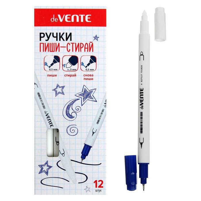 Ручка со стираемыми чернилами капилярная deVENTE, 0,5 мм и 3 мм, белый корпус, чернила синие  #1