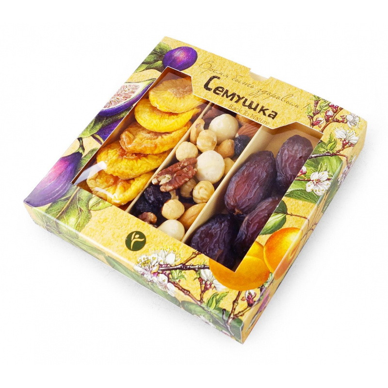 Подарочный набор коктейль Семушка смесь орехов с королевскими финиками и персиками, 230 г  #1