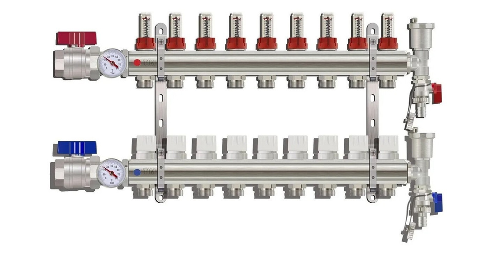 Коллекторная группа из латуни TIM на 9 выходов с расходомерами (полный комплект), Коллекторная группа #1