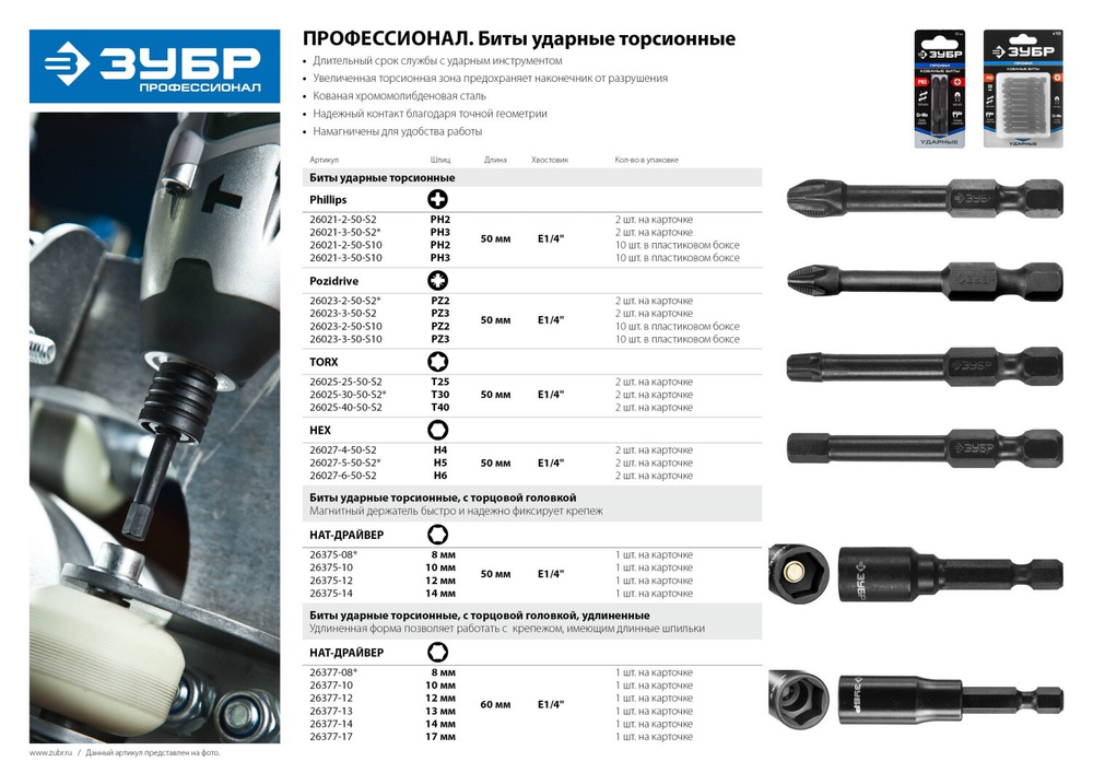 ЗУБР 2 шт, PZ 3, 50 мм, Ударные биты (26023-3-50-S2) #1