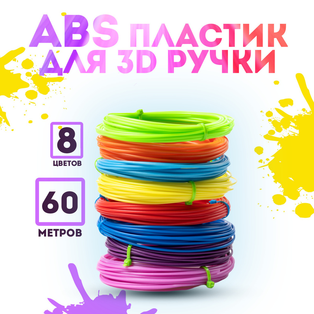 Набор яркого и красочного ABS пластика для 3D ручки 60 метров 8 цветов по 7,5 метров / Набор безопасного #1