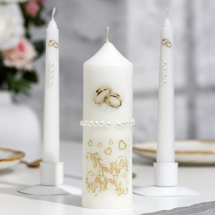 Мастерская "Свечной двор" Набор свадебных свечей с бусинами "Обручальные кольца", белый, ручная работа, #1