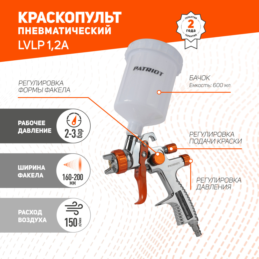 Профессиональный пневмокраскораспылитель PATRIOT LVLP 1,2A, 3 бар, бачок 600мл  #1