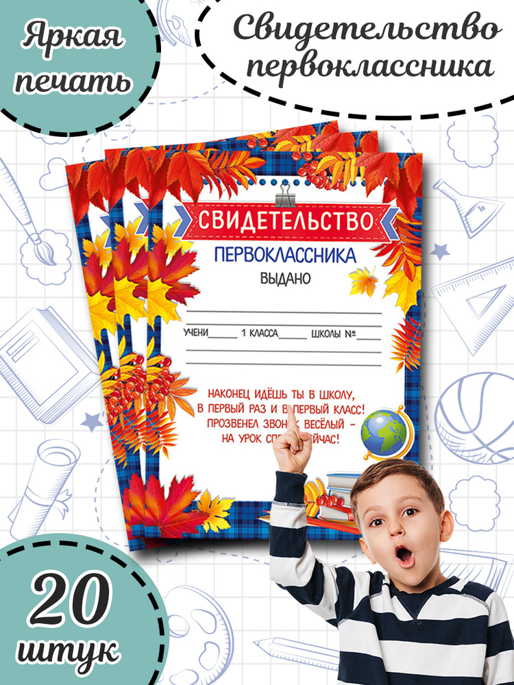 Почетная грамота школьная "Свидетельство первоклассника" на 1 Сентября для школы и детского сада 20 шт. #1